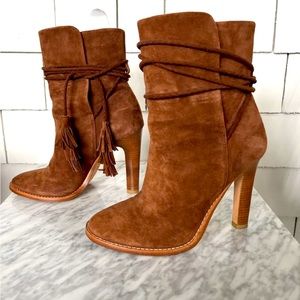 joie suede booties Boots Heels 38 8 Brown Tan Chestnut Tie Tassel